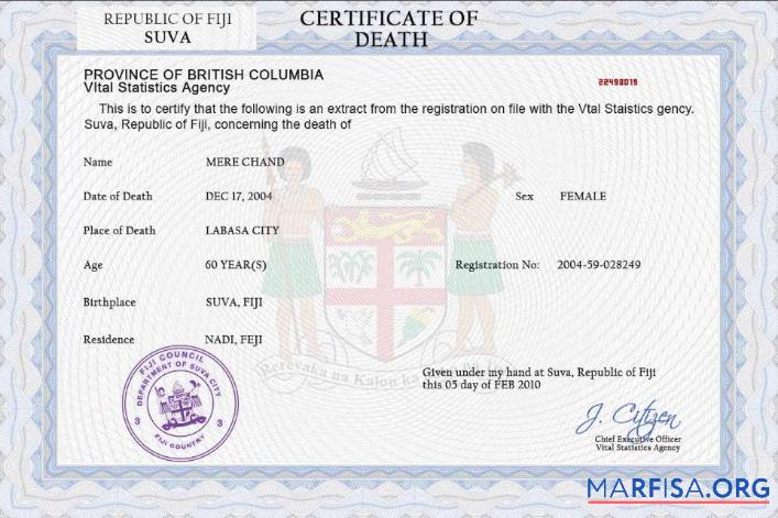 Blank Fiji death certificate PSD template